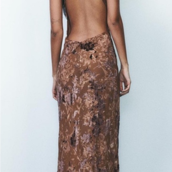 Zara Elegant Brown Floral Midi Dress - Picture 3 of 10